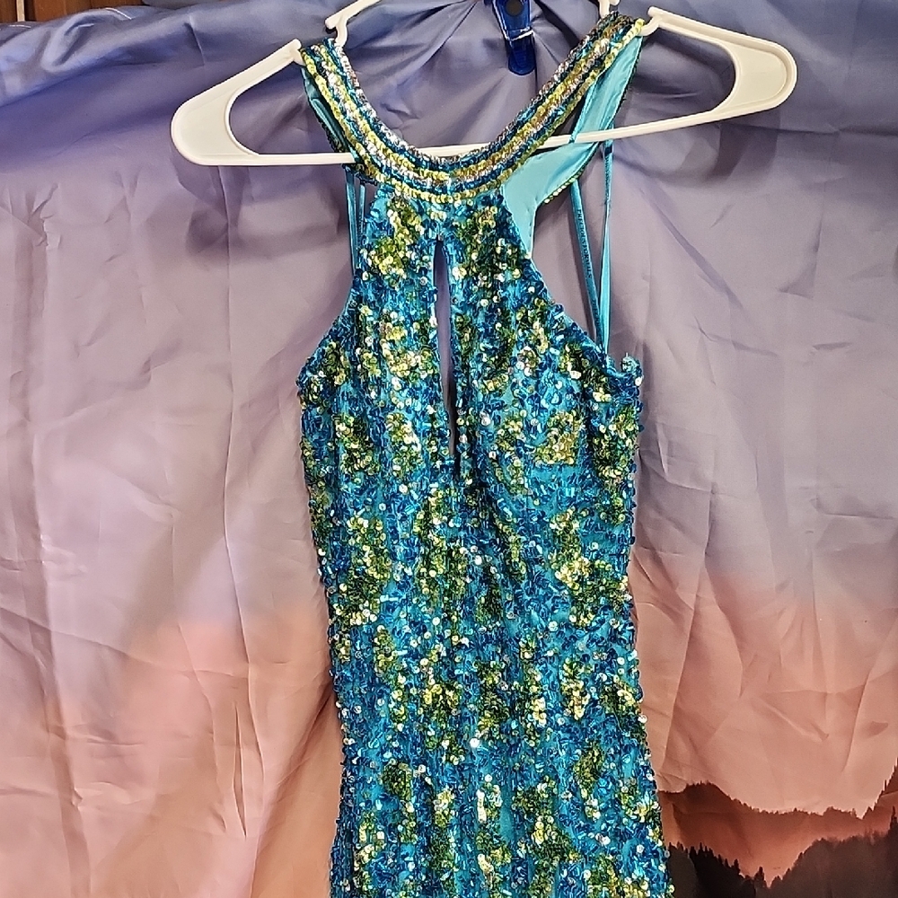 Precious Formals Blue and Green Sequin Backless Dress Doeshave SomeBeads Missing